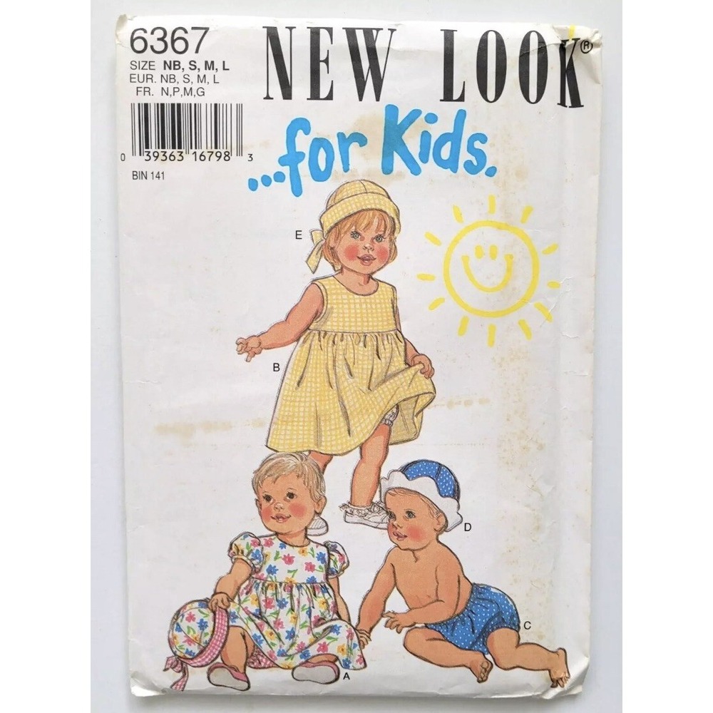 New Look 6367 Infants Sundress Panties Hat Sewing Pattern Size NB-L Vintage 90s